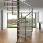 compression series spiral stair with laminate treads and steel column and line rail