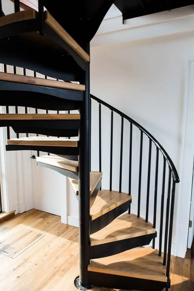 farmhouse stairs - steel spiral staircase with wood treads and code risers
